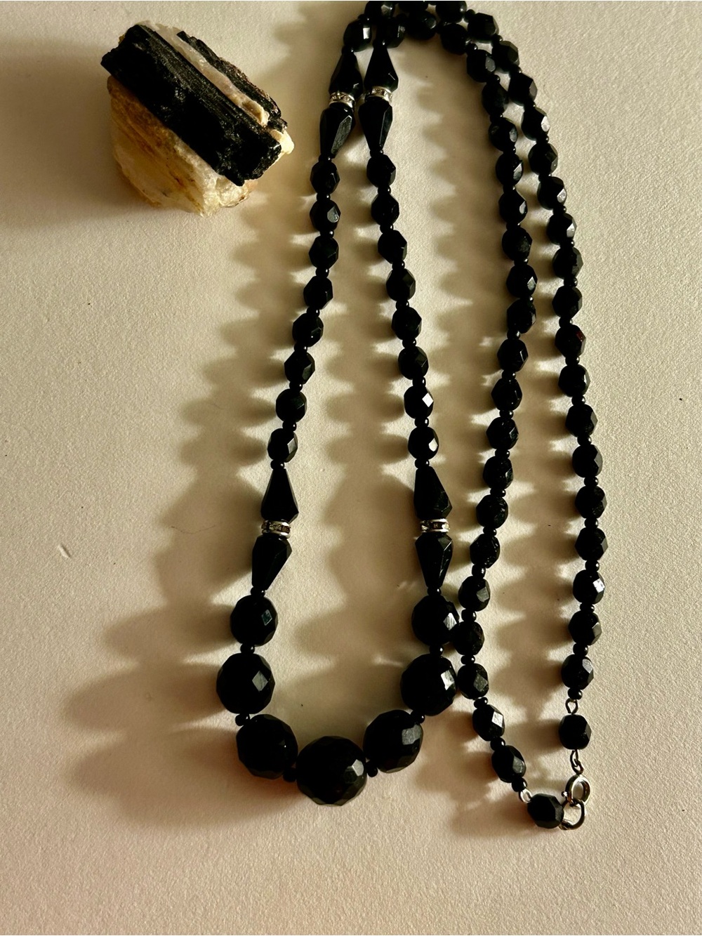 Vintage Necklace “Jet” Black faceted*, graduated beads, crystal Rondelles